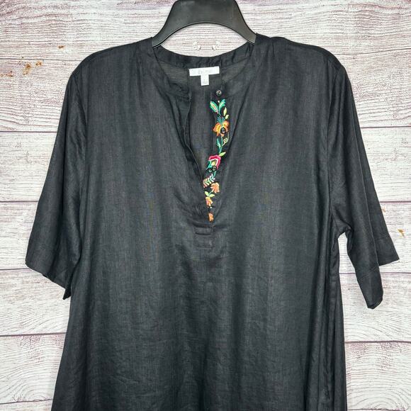 Calme Johnny Was 100% Linen Black Embroidered Floral V Neck Dress Size Large - Picture 4 of 8